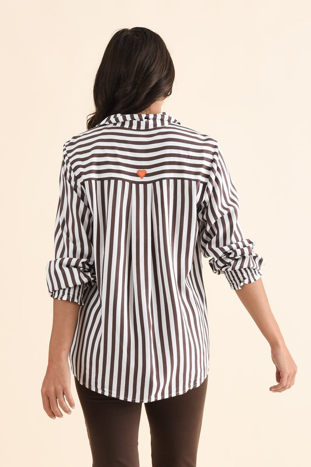 Amour Chocolate Stripe Puff Sleeve Shirt,Back,Brunette model,alt text|model:Brontie image 4
