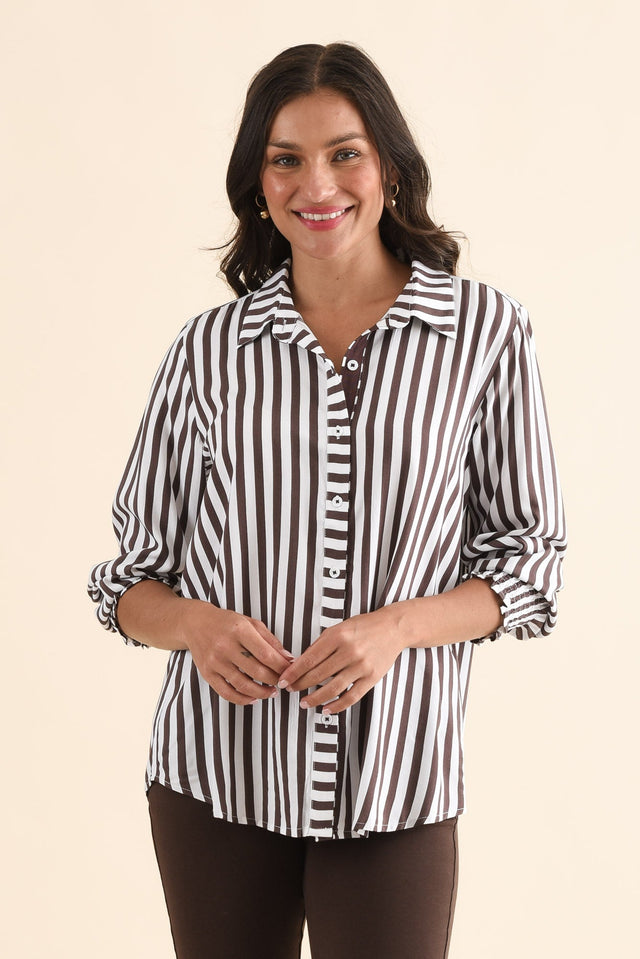 Amour Chocolate Stripe Puff Sleeve Shirt,Front,Brunette model,alt text|model:Brontie