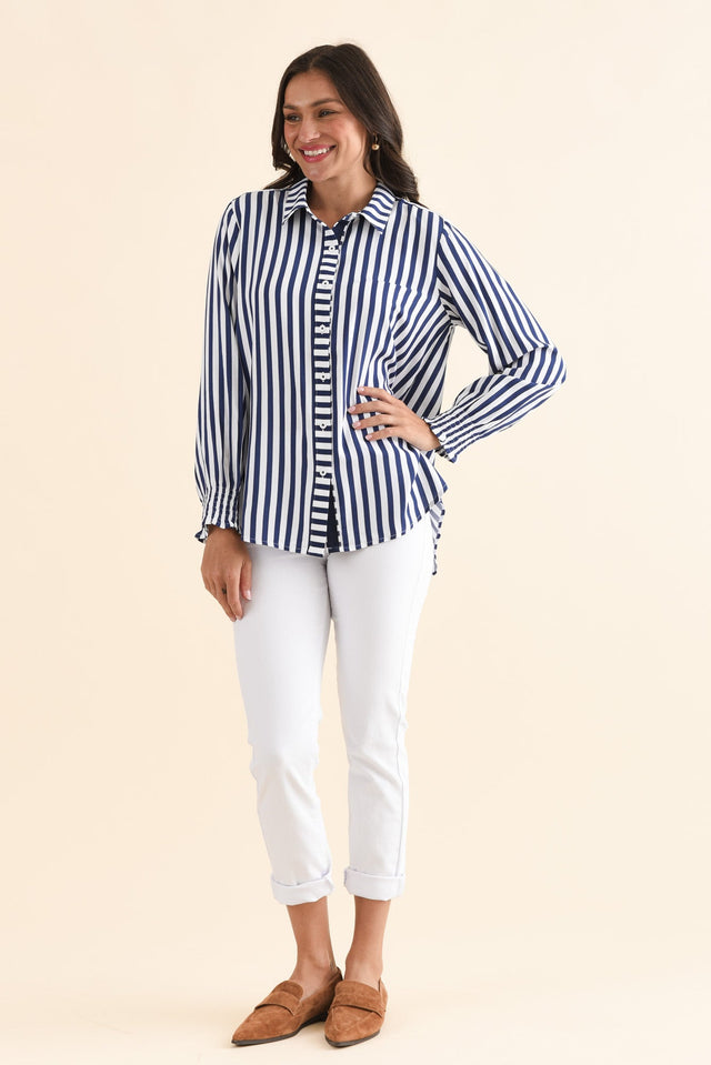 Amour Navy Stripe Puff Sleeve Shirt,Full Body,Brunette model,alt text|model:Brontie image 6