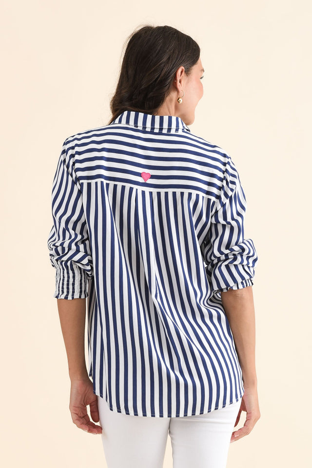 Amour Navy Stripe Puff Sleeve Shirt,Back,Brunette model,alt text|model:Brontie image 4