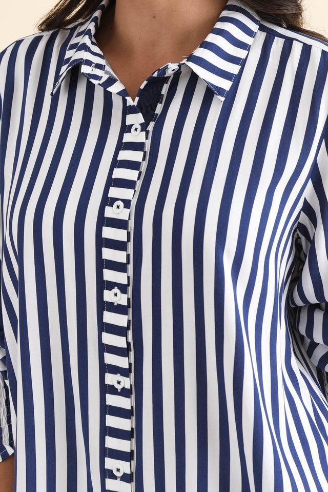 Amour Navy Stripe Puff Sleeve Shirt,Detail,Brunette model,alt text|model:Brontie image 5