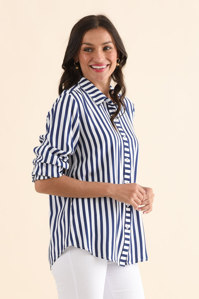 Amour Navy Stripe Puff Sleeve Shirt,Side,Brunette model,alt text|model:Brontie image 3