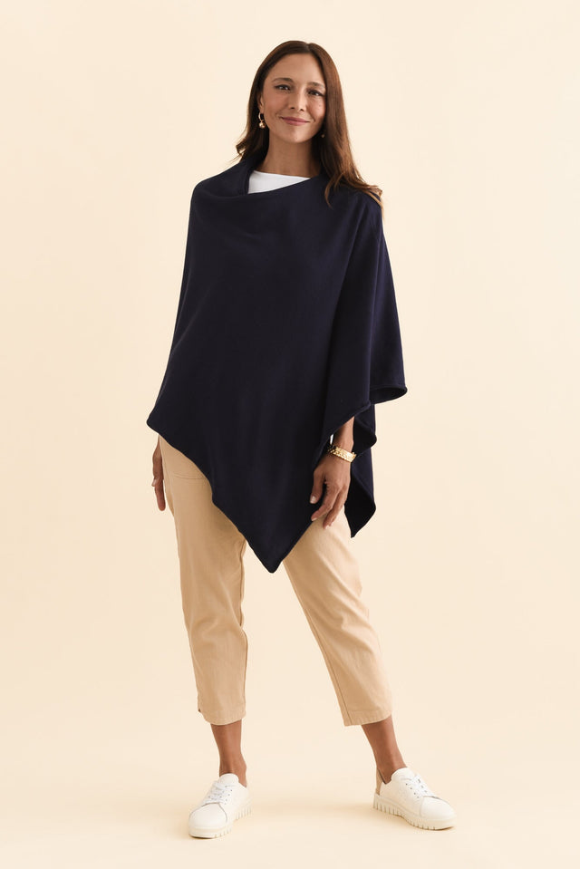Amy Midnight Blue Wool Blend Poncho,Brunette model,alt text|model:Cara image 7