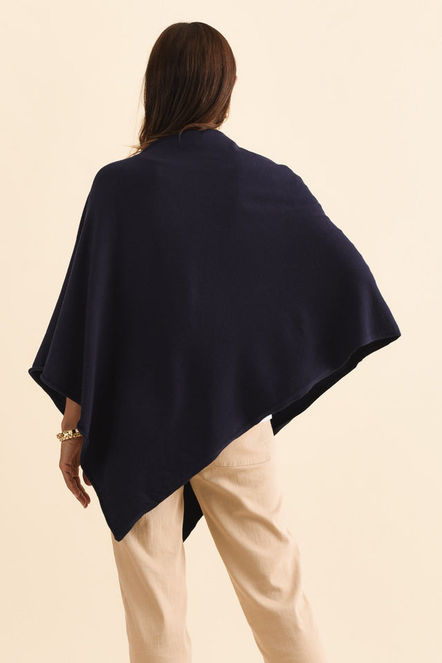 Amy Midnight Blue Wool Blend Poncho,Brunette model,alt text|model:Cara image 4