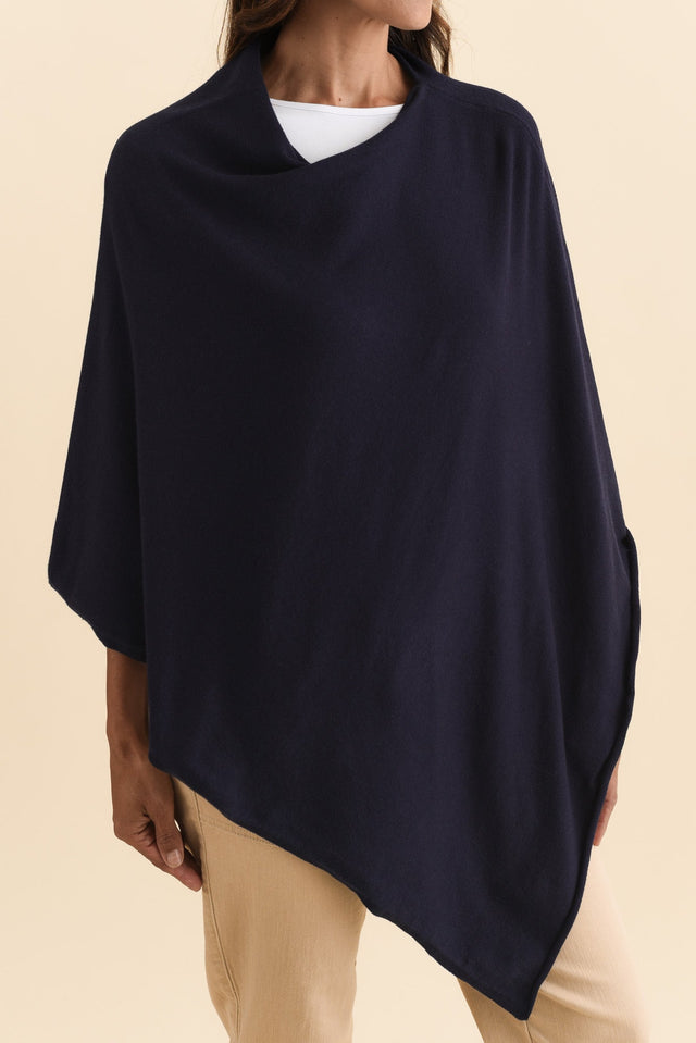 Amy Midnight Blue Wool Blend Poncho,Brunette model,alt text|model:Cara image 5