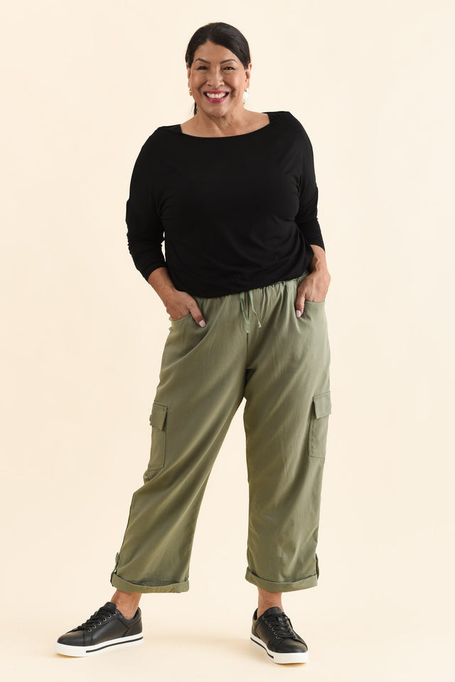 Cindy Sage Denim Cargo Pants,Full Body,Brunette model,alt text|model:Pilita image 10