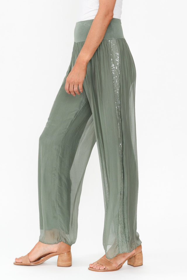 Anaya Khaki Silk Sequin Layer Pants