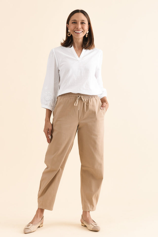 Andy Beige Cotton Barrel Pants,Full Body,Brunette model,alt text|model:Cara image 4