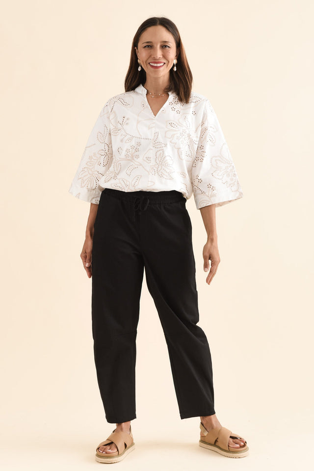 Andy Black Cotton Barrel Pants,Full Body,Brunette model,alt text|model:Cara
