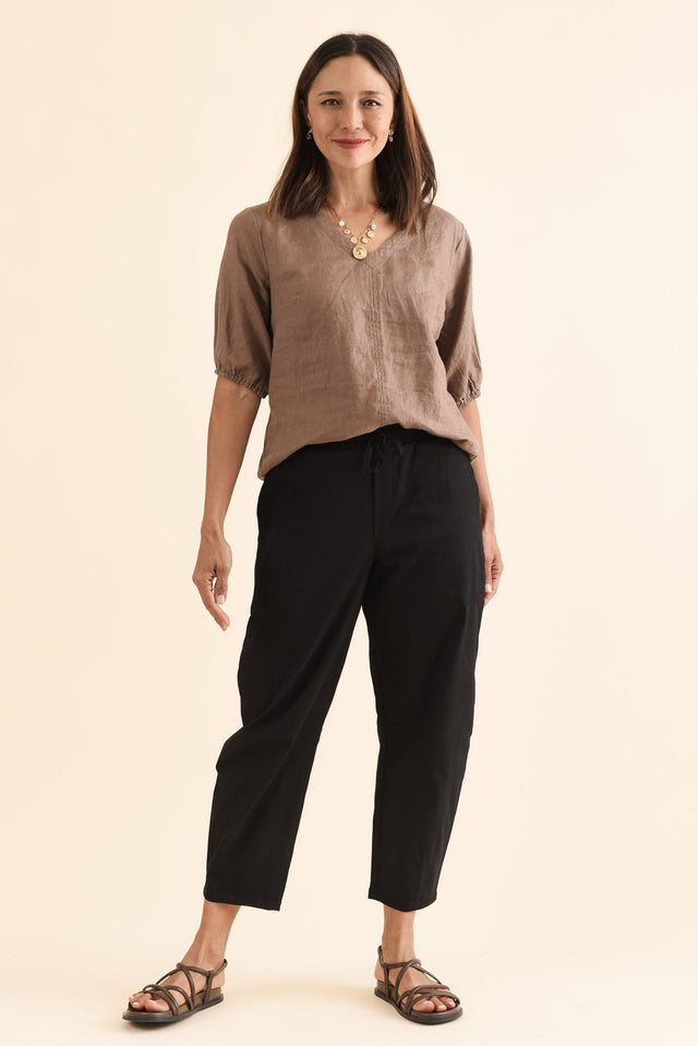 Andy Black Cotton Cropped Barrel Pants,Full Body,Brunette model,alt text|model:Cara image 2
