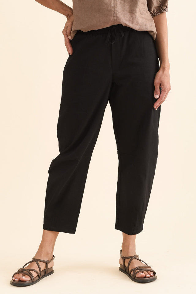 Andy Black Cotton Cropped Barrel Pants,Front,Brunette model,alt text|model:Cara image 1