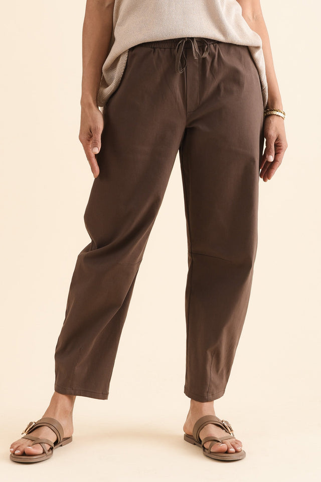 Andy Chocolate Cotton Barrel Pants,Front,Brunette model,alt text|model:Cara