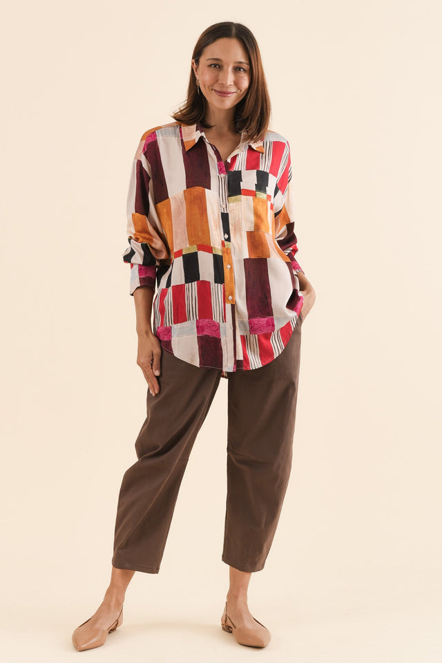 Glenda Red Geo Collared Shirt,Full Body,Brunette model,alt text|model:Cara image 2