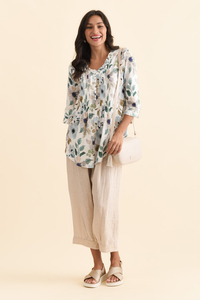 Angelo Blue Floral Cotton Button Top,Brunette model,alt text|model:Brontie image 3