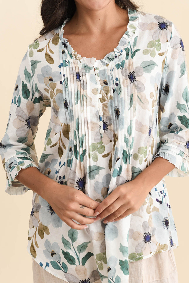Angelo Blue Floral Cotton Button Top,Brunette model,alt text|model:Brontie image 6