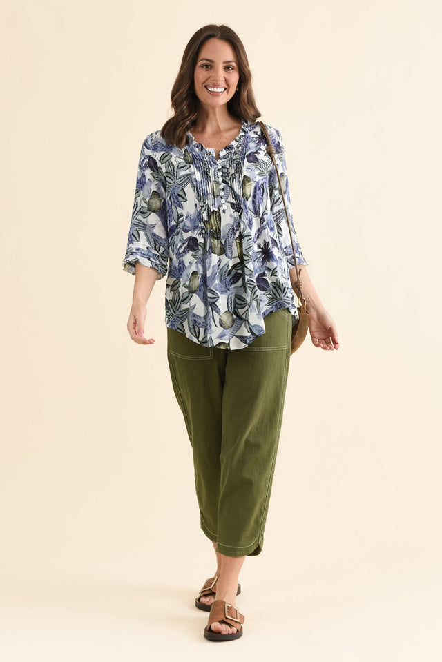 Angelo Blue Leaf Cotton Button Top,Full Body,Brunette model,alt text|model:MJ image 6