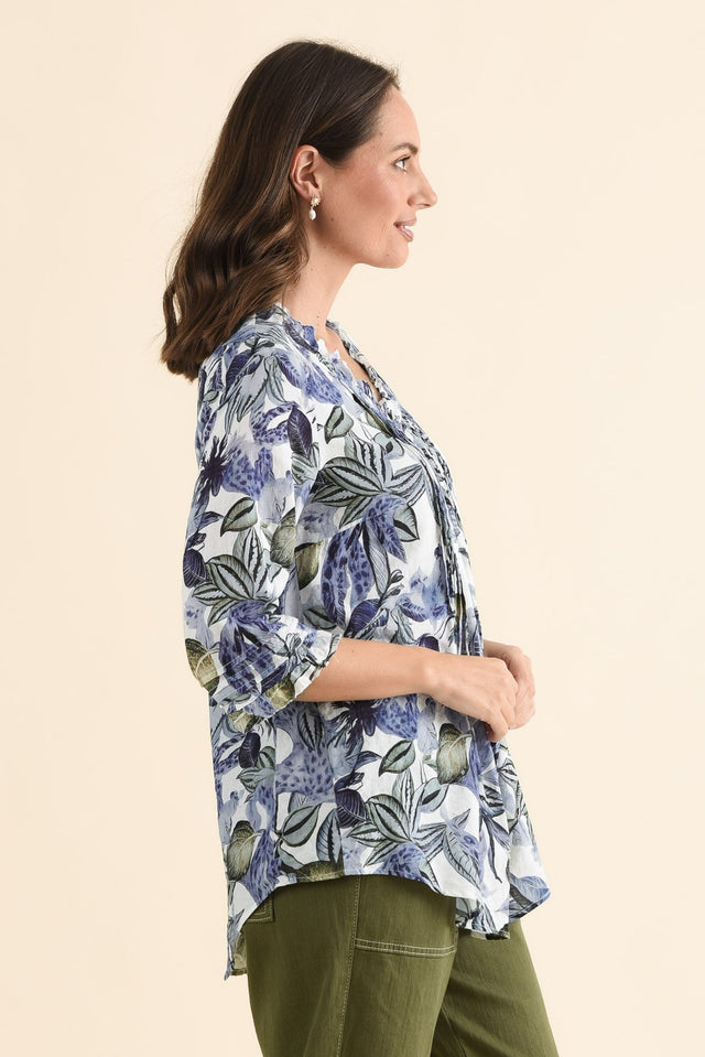 Angelo Blue Leaf Cotton Button Top,Side,Brunette model,alt text|model:MJ image 3
