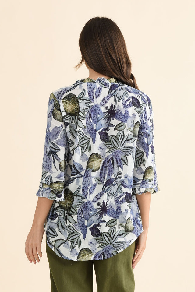 Angelo Blue Leaf Cotton Button Top,Back,Brunette model,alt text|model:MJ image 4