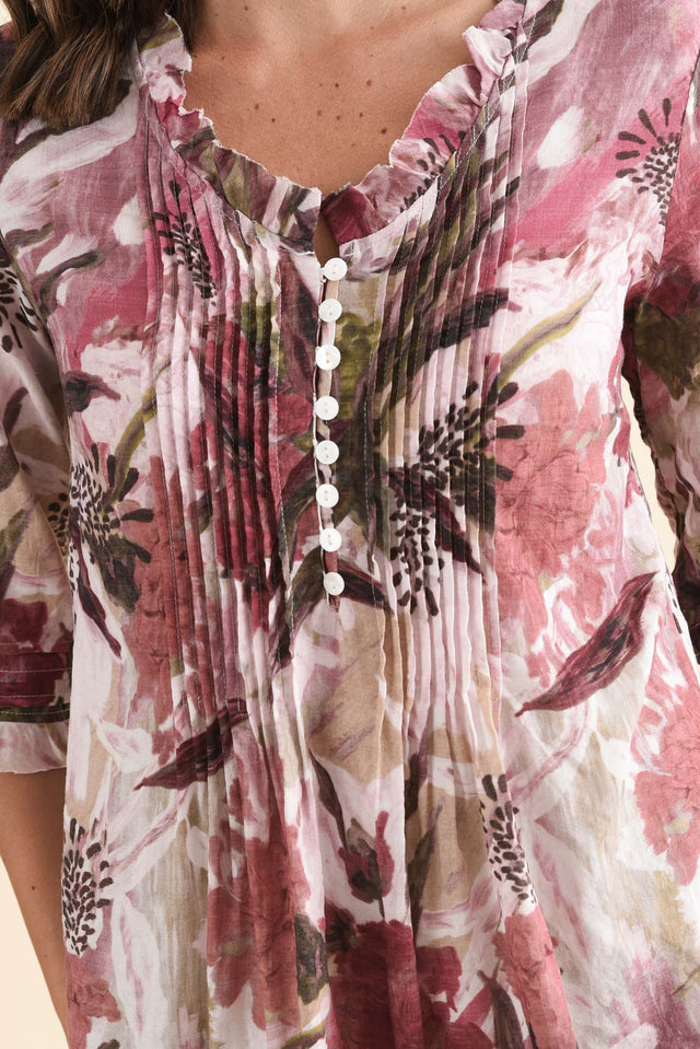 Angelo Taupe Floral Cotton Button Top,Detail,Brunette model,alt text|model:MJ image 5