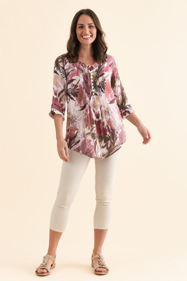 Angelo Taupe Floral Cotton Button Top,Full Body,Brunette model,alt text|model:MJ image 6