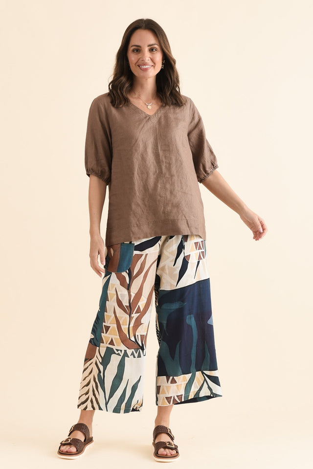Anna Mocha Linen V Neck Top,Full Body,Brunette model,alt text|model:MJ image 6