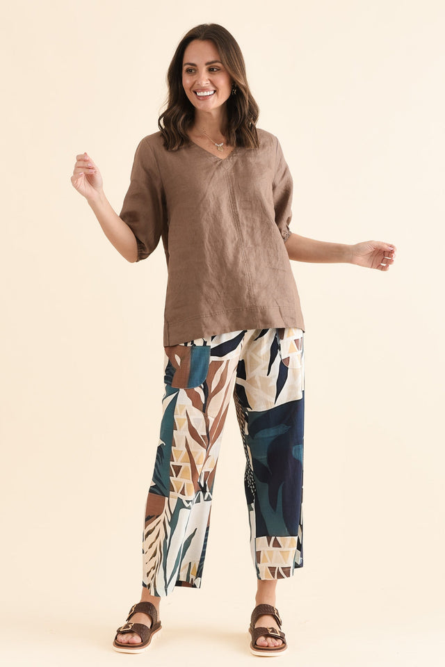 Anna Mocha Linen V Neck Top,Full Body,Brunette model,alt text|model:MJ image 2