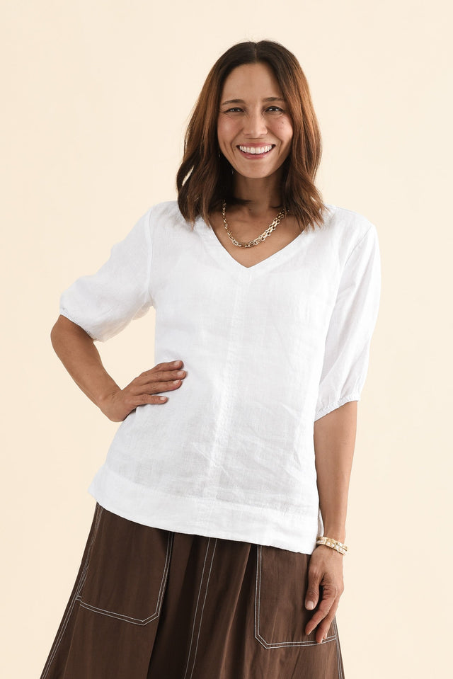 Anna White Linen V Neck Top,Front,Brunette model,alt text|model:Cara image 1