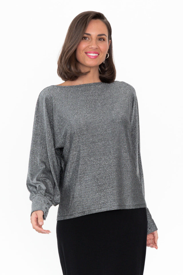 Annalea Grey Metallic Boatneck Top neckline_Boat sleevetype_Statement length_Above Hip hem_Straight sleeve_Long TOPS    alt text|model:MJ image 1