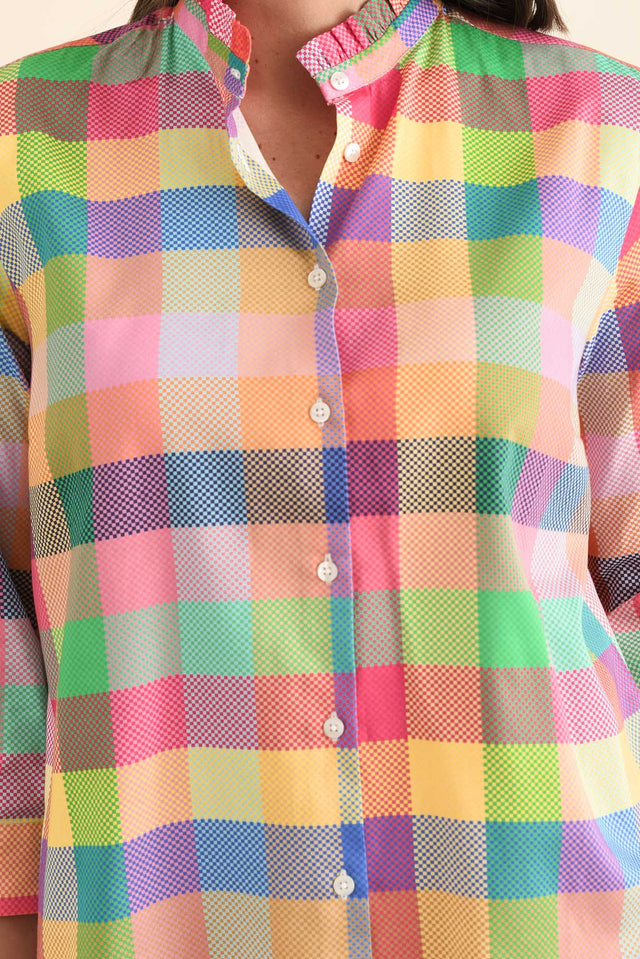 Antonia Pink Check Cotton Shirt,brunette model,Close up of outfit,alt text|model:MJ image 5