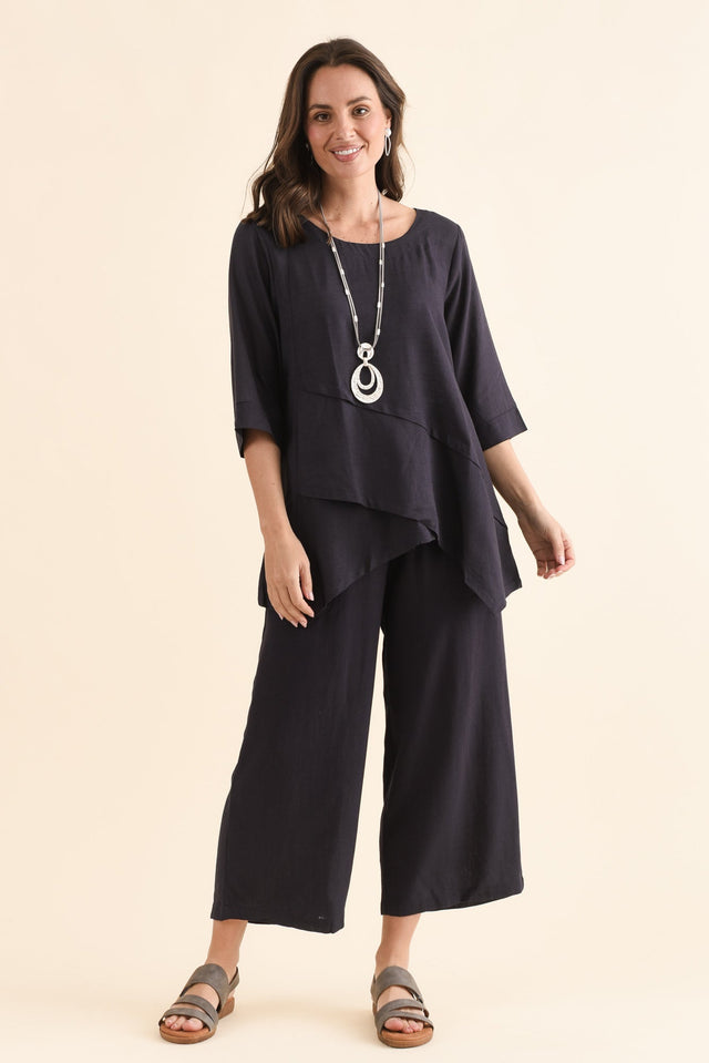 Anya Dark Blue Linen Cotton Top,Full Body,Brunette model,alt text|model:MJ image 6