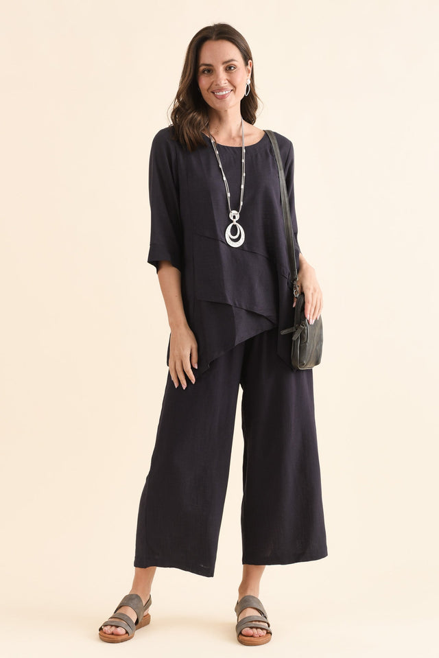 Minnelli Dark Blue Linen Cotton Pants,Full Body,Brunette model,alt text|model:MJ image 6