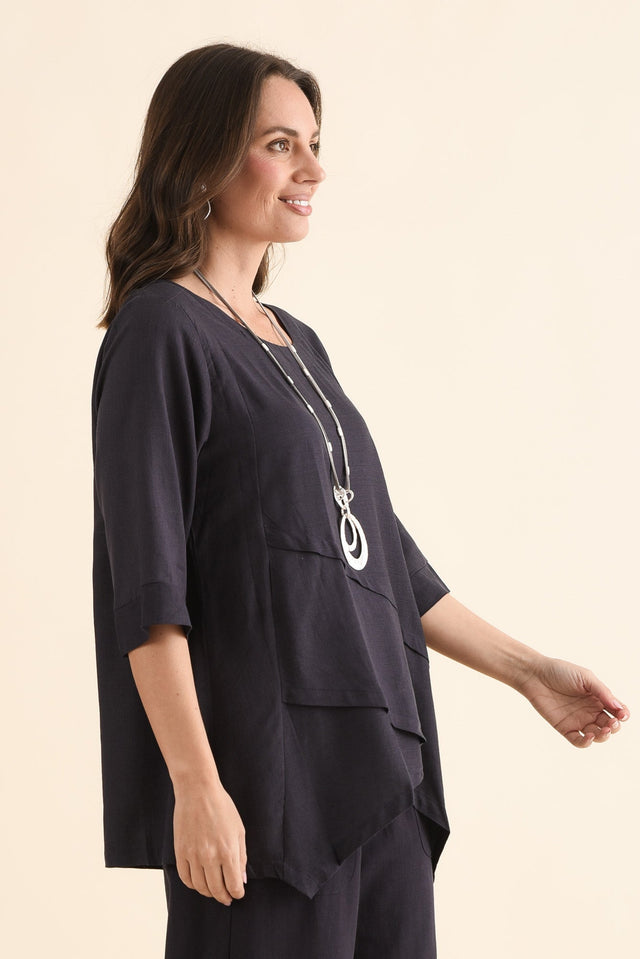 Anya Dark Blue Linen Cotton Top,Side,Brunette model,alt text|model:MJ image 3