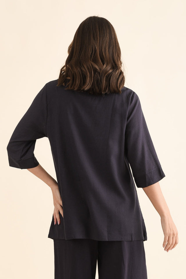 Anya Dark Blue Linen Cotton Top,Back,Brunette model,alt text|model:MJ image 4
