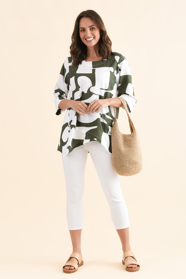 Anya Khaki Geo Linen Cotton Top,Full Body,Brunette model,alt text|model:MJ image 3