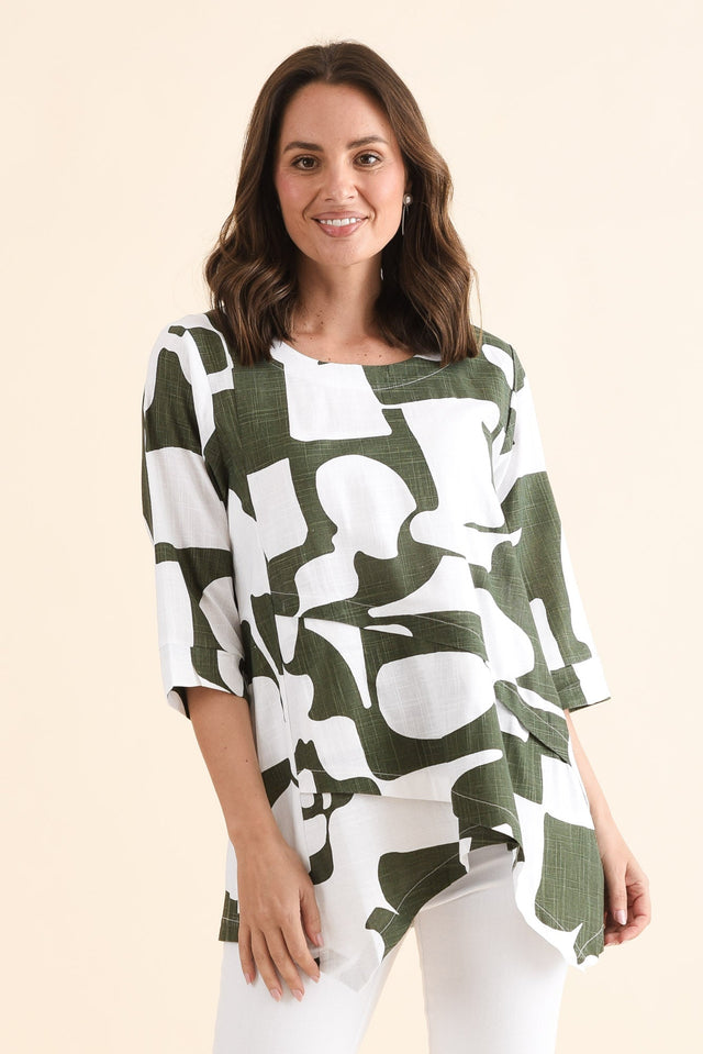 Anya Khaki Geo Linen Cotton Top,Front,Brunette model,alt text|model:MJ