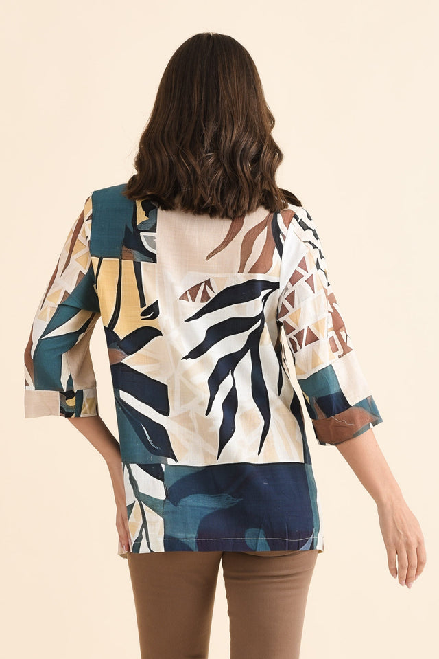 Anya Navy Leaf Linen Cotton Top,Back,Brunette model,alt text|model:MJ image 4