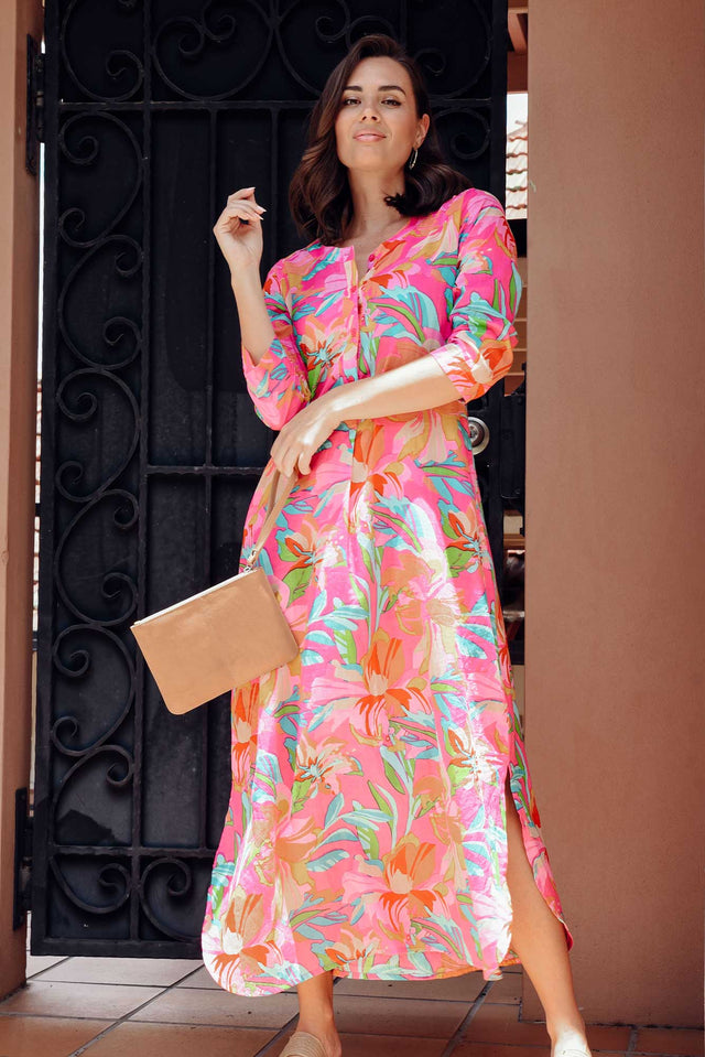 Apia Pink Hawaiian Cotton Maxi Dress image 1