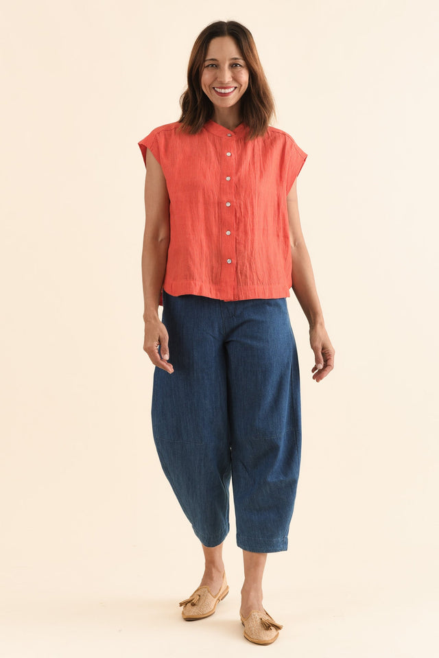 April Orange Stripe Linen Button Top,Full Body,Brunette model,alt text|model:Cara image 6