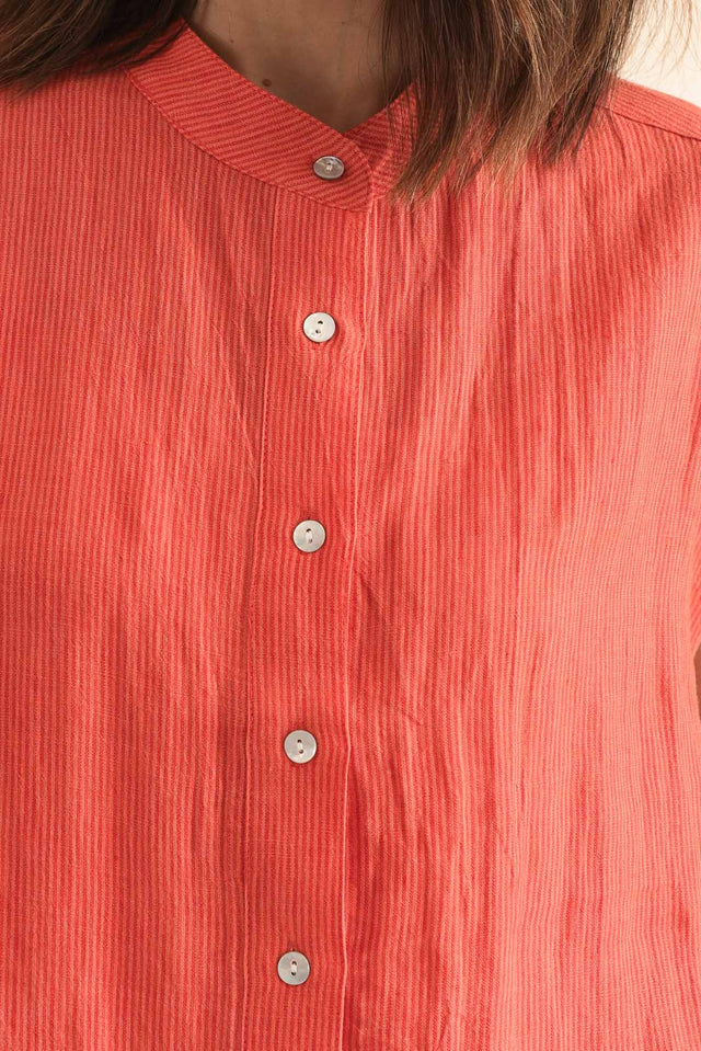April Orange Stripe Linen Button Top,Detail,Brunette model,alt text|model:Cara image 5