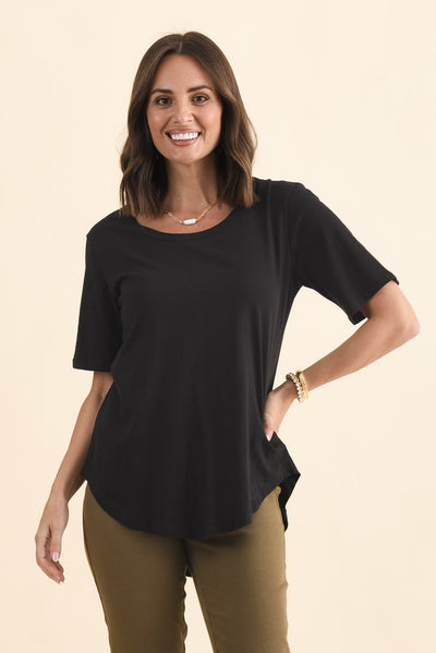 Ariana Black Cotton Tee,Brunette model,Lifestyle