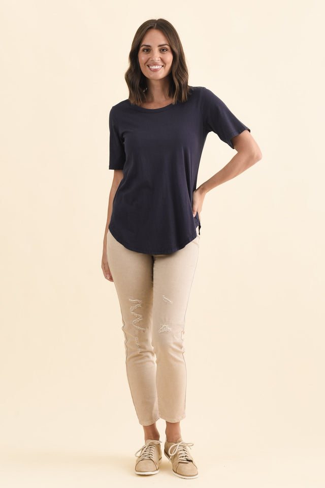 Ariana Navy Cotton Tee,Brunette model,alt text|model:MJ image 7