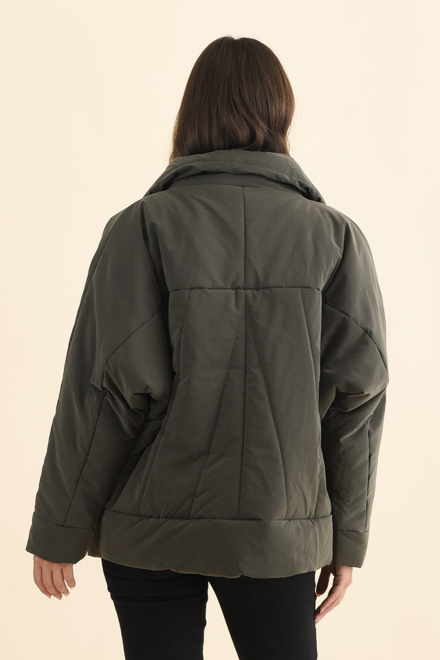 Arica Charcoal Wrap Puffer Jacket,Brunette model,alt text|model:MJ image 5