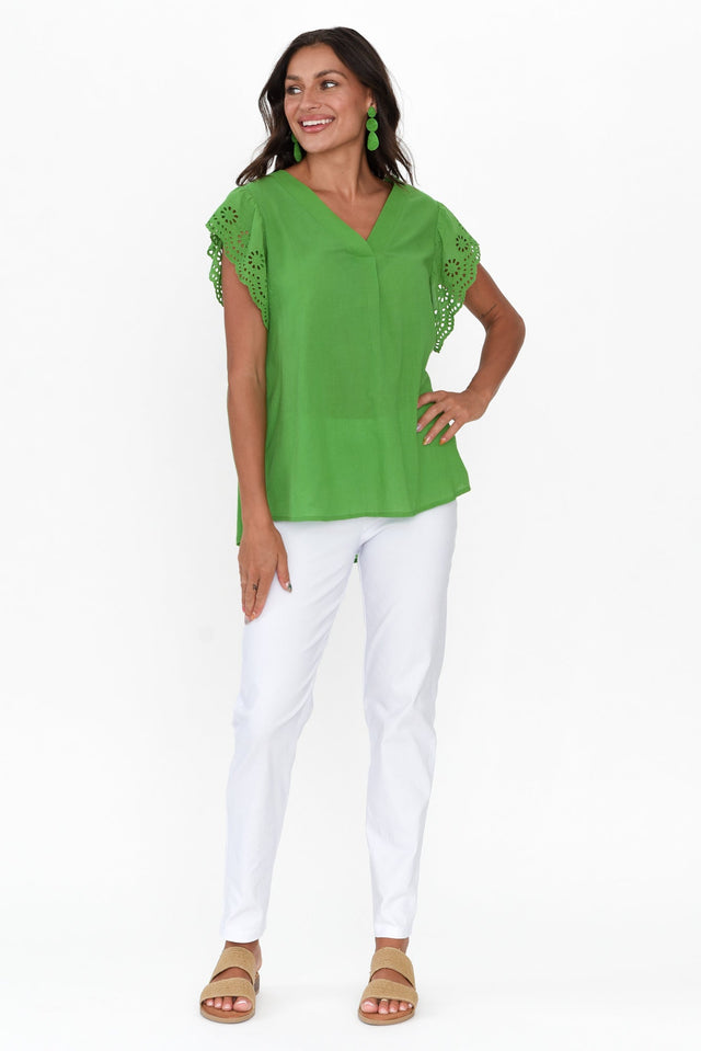 Ariel Green Cotton Embroidered Sleeve Top