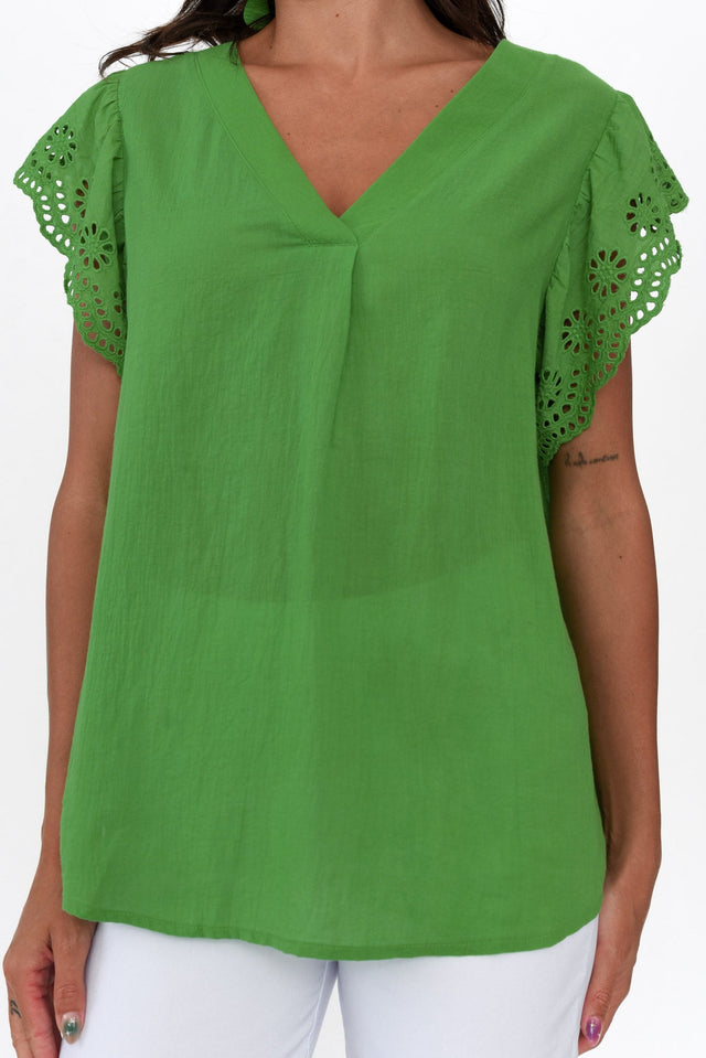 Ariel Green Cotton Embroidered Sleeve Top image 5