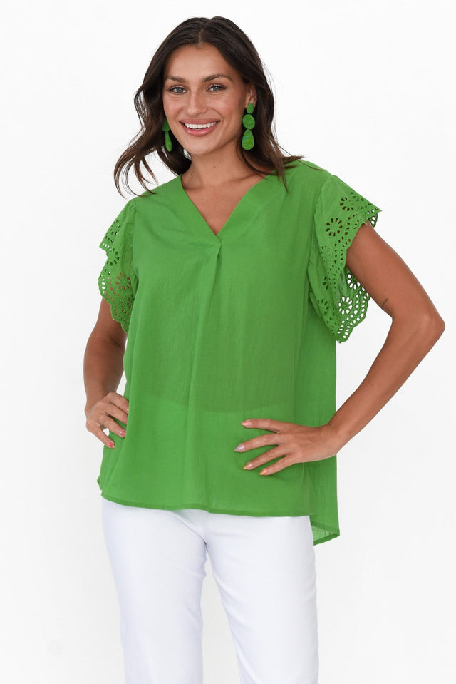 Ariel Green Cotton Embroidered Sleeve Top neckline_V Neck  alt text|model:Brontie;wearing:AU 8 / US 4