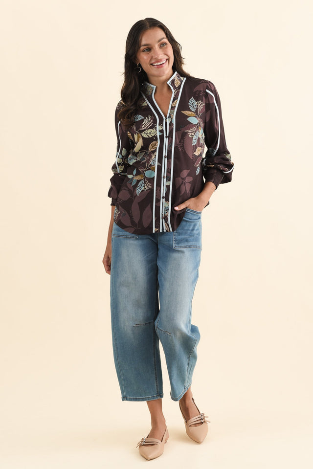 Asher Brown Leaf Contrast Blouse,Brunette model,alt text|model:Brontie