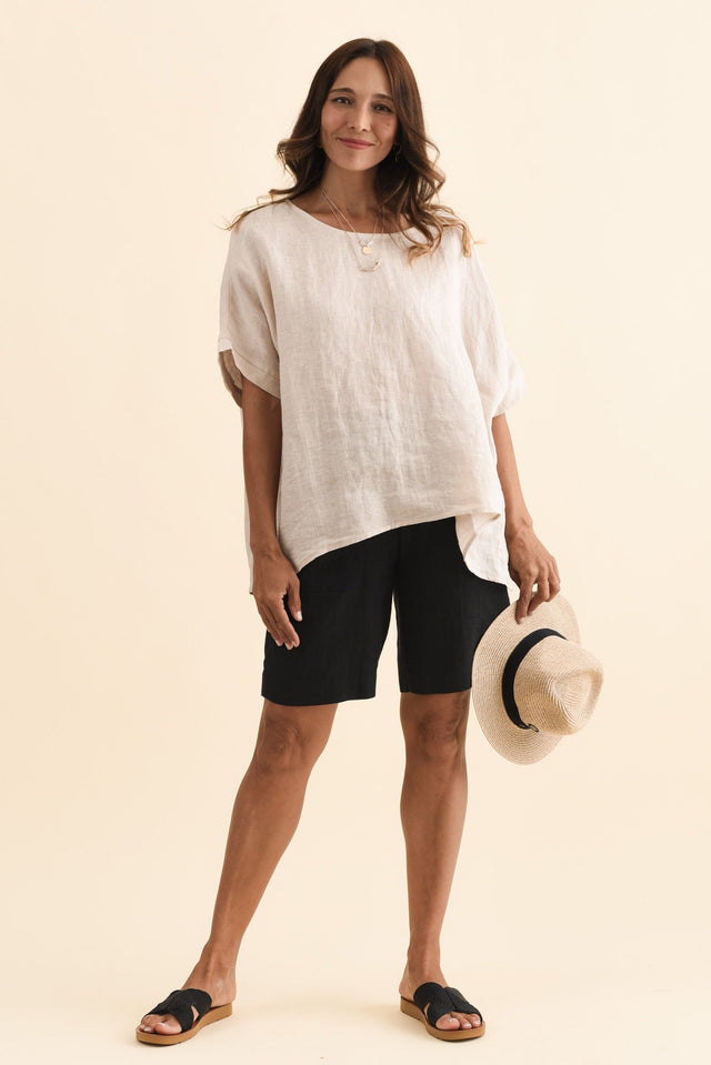 Aster Black Linen Shorts,Brunette model,alt text|model:Cara