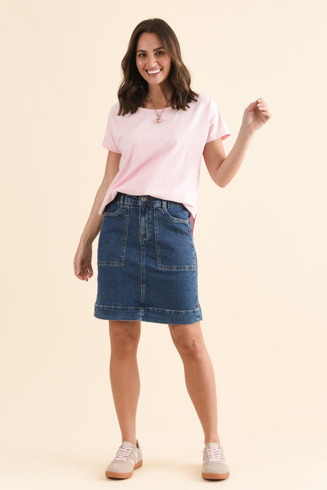Atlas Dark Blue Denim Stretch Skirt,Full Body,Brunette model,alt text|model:MJ image 3