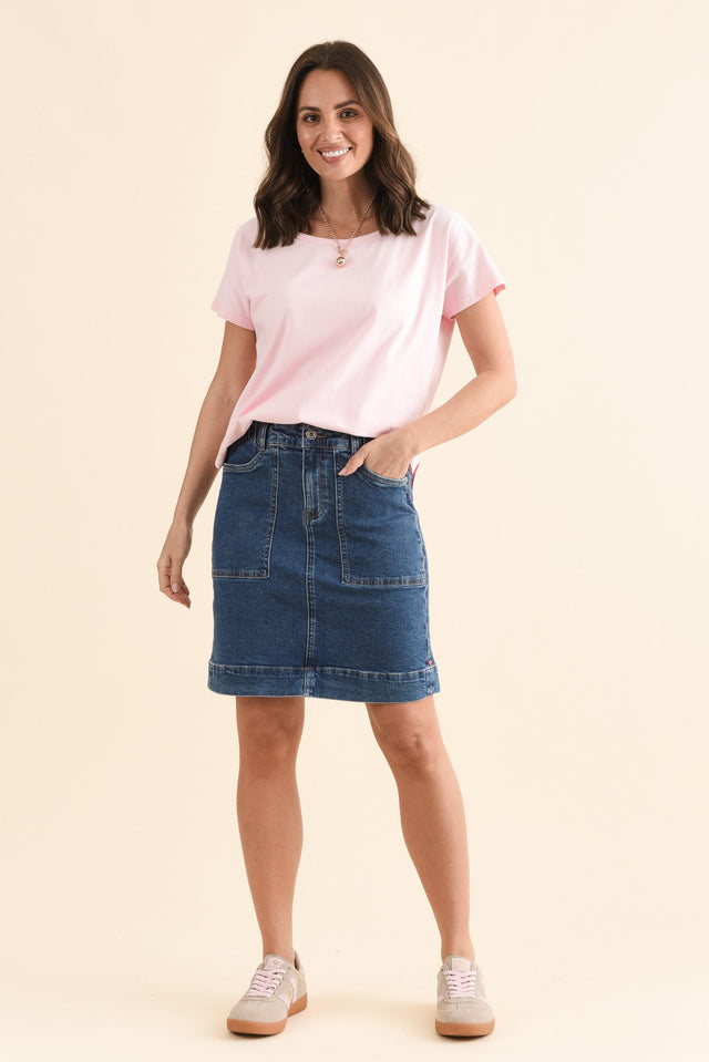 Atlas Dark Blue Denim Stretch Skirt,Full Body,Brunette model,alt text|model:MJ image 8