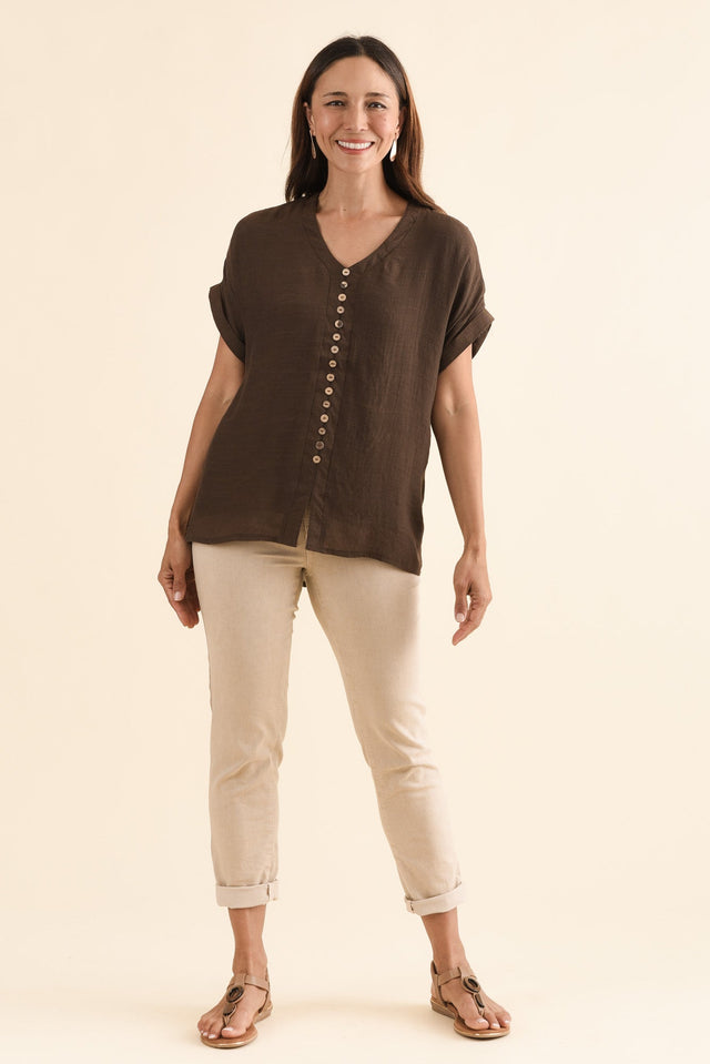 Attica Chocolate Cotton Blend Button Top,Full Body,Brunette model,alt text|model:Cara image 2
